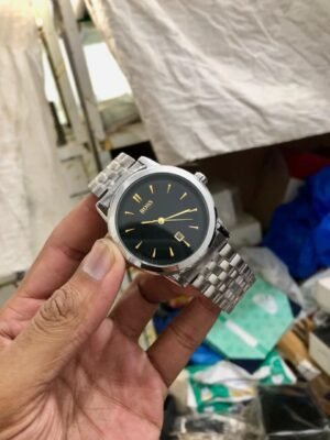 Black Dial Gold Accent Men's Stainless Steel Watch